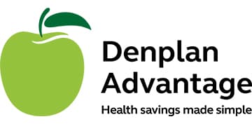 Green apple icon with "Denplan Advantage" text and slogan "Health savings made simple" on the right.